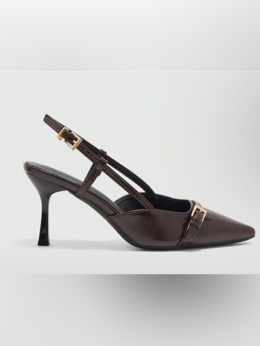 Women’s Dark Brown Slingback Heeled Pump with Gold Buckle